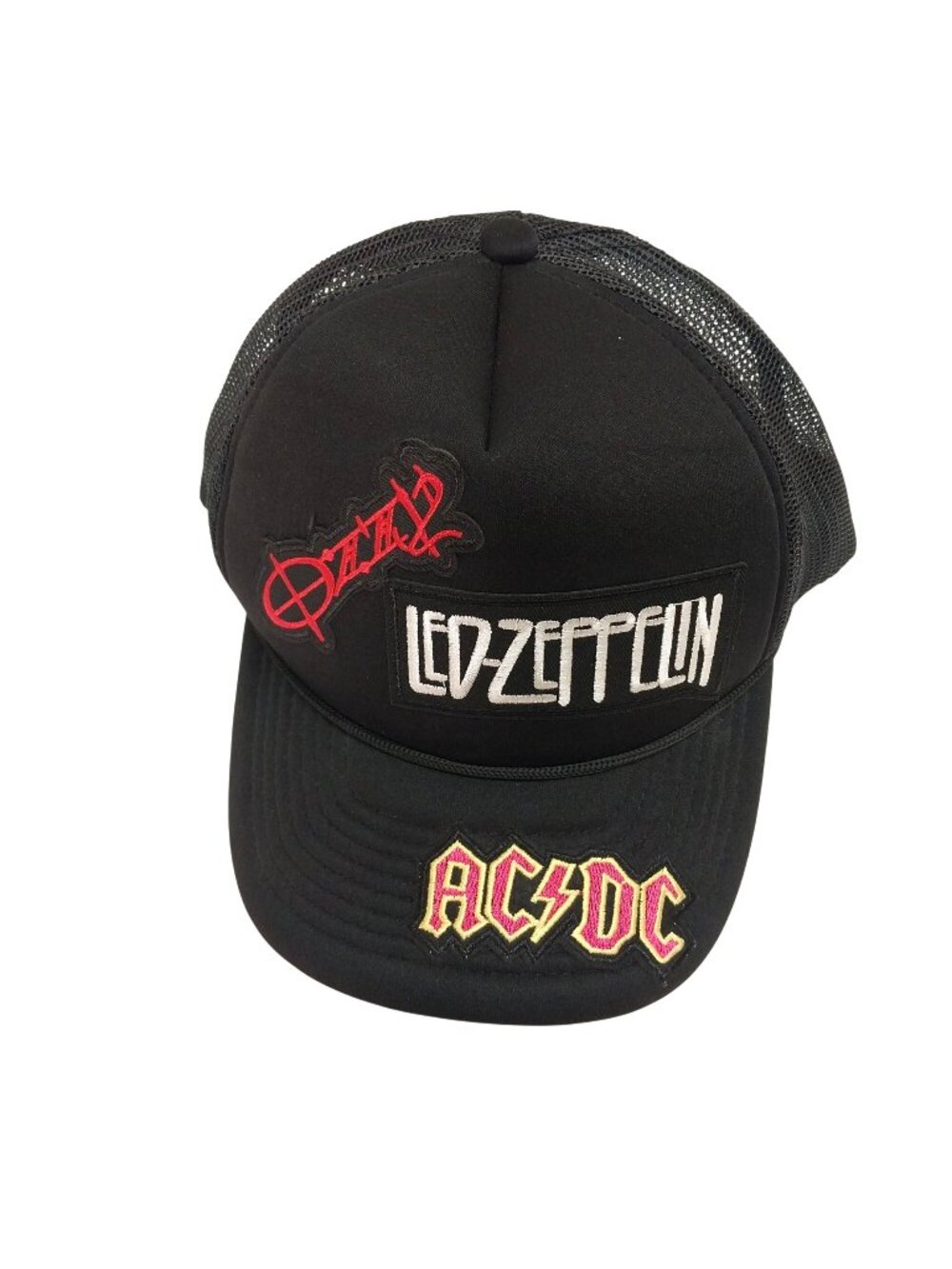 AC/DC Led Zeppelin Ozzy Osbourne Black Trucker Hat Rock Band Embroidered Patches